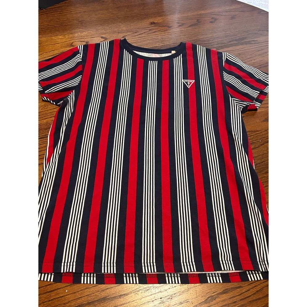 Guess Mens Vertical Striped T-Shirt Red Navy White Logo S92P04R80U0 Size M